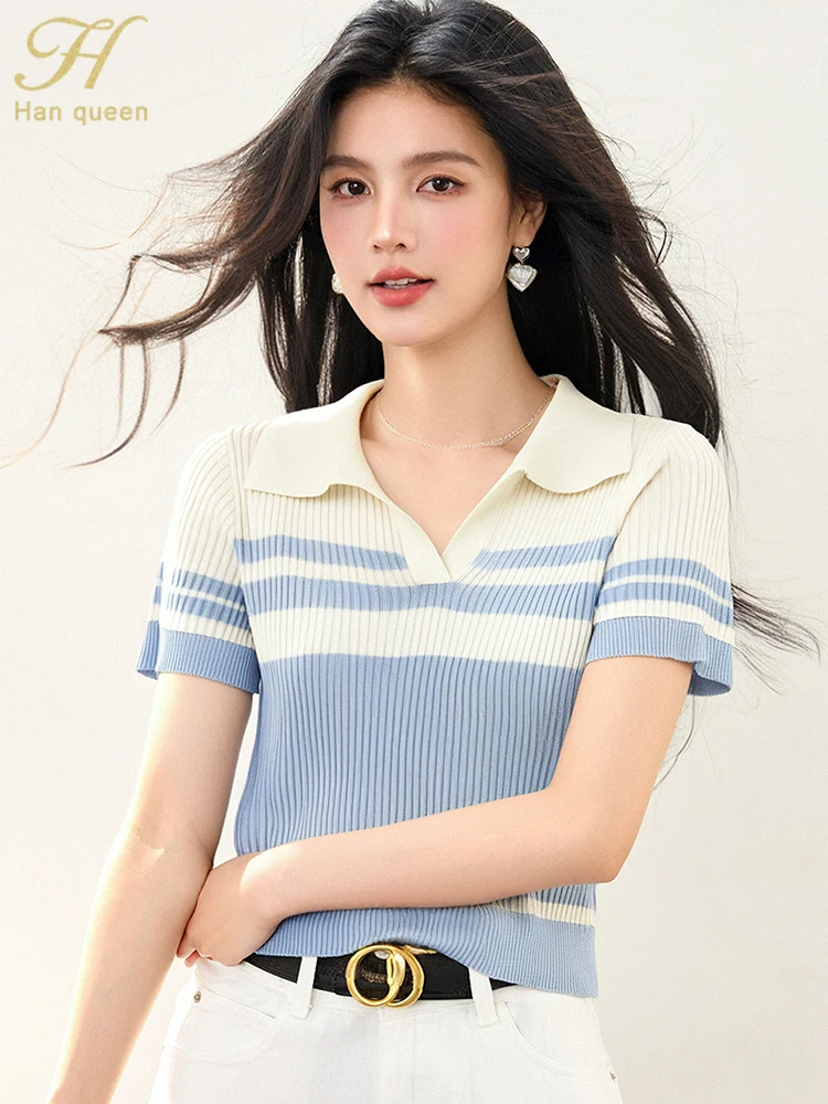 H Han Queen Color Blocked Women's Sweater Fashion New 2025 Korean Elegant Casual Pullover Polo Blouse Short Sleeve Tops Summer
H Han Queen Color Blocked Women's Sweater Fashion New 2025 Korean Elegant Casual Pullover Polo Blouse Short Sleeve Tops Summer