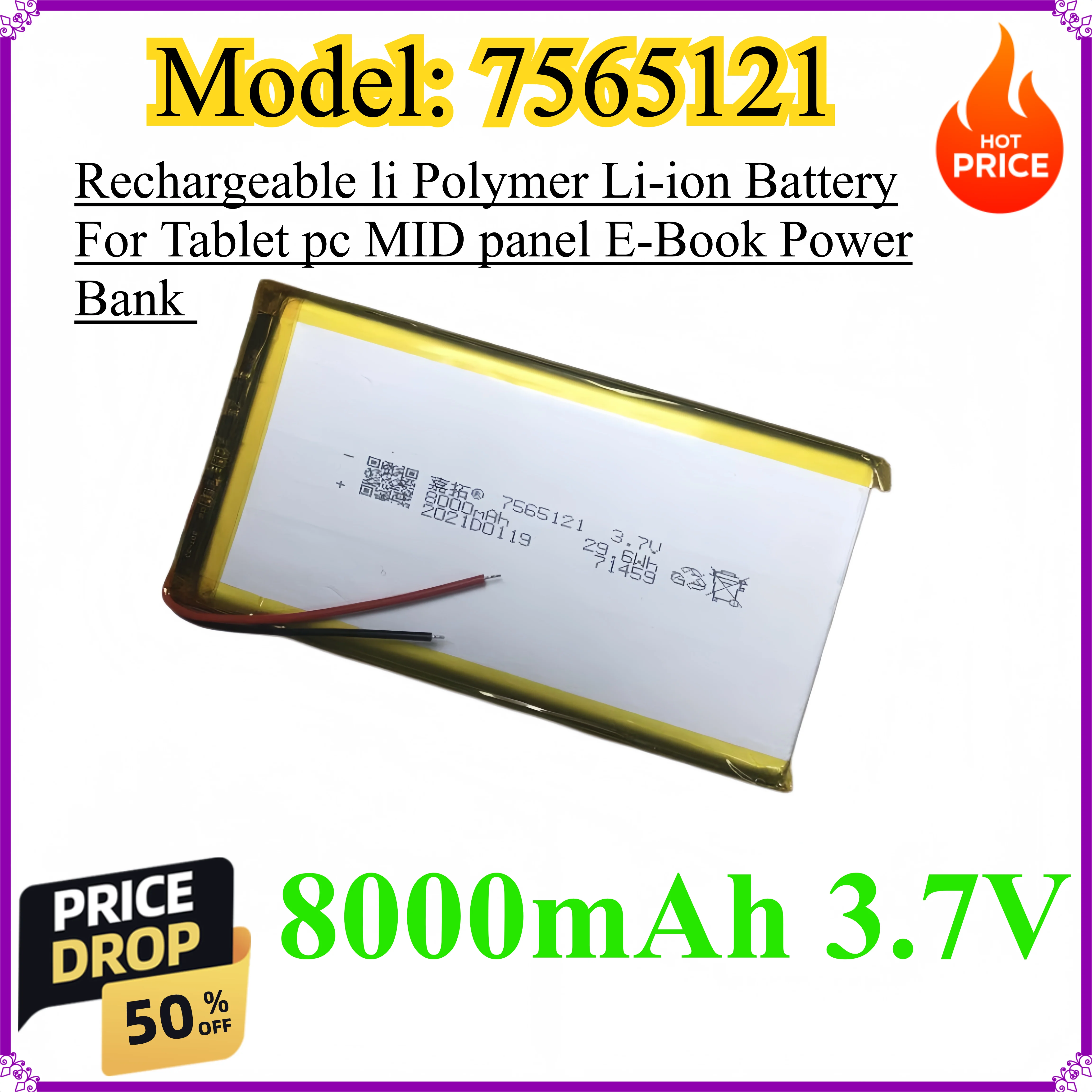 7565121 3.7V 8000mAh Rechargeable li Polymer Li-ion Battery For Tablet pc MID panel E-Book Power Bank Portable 7566121
7565121 3.7V 8000mAh Rechargeable li Polymer Li-ion Battery For Tablet pc MID panel E-Book Power Bank Portable 7566121