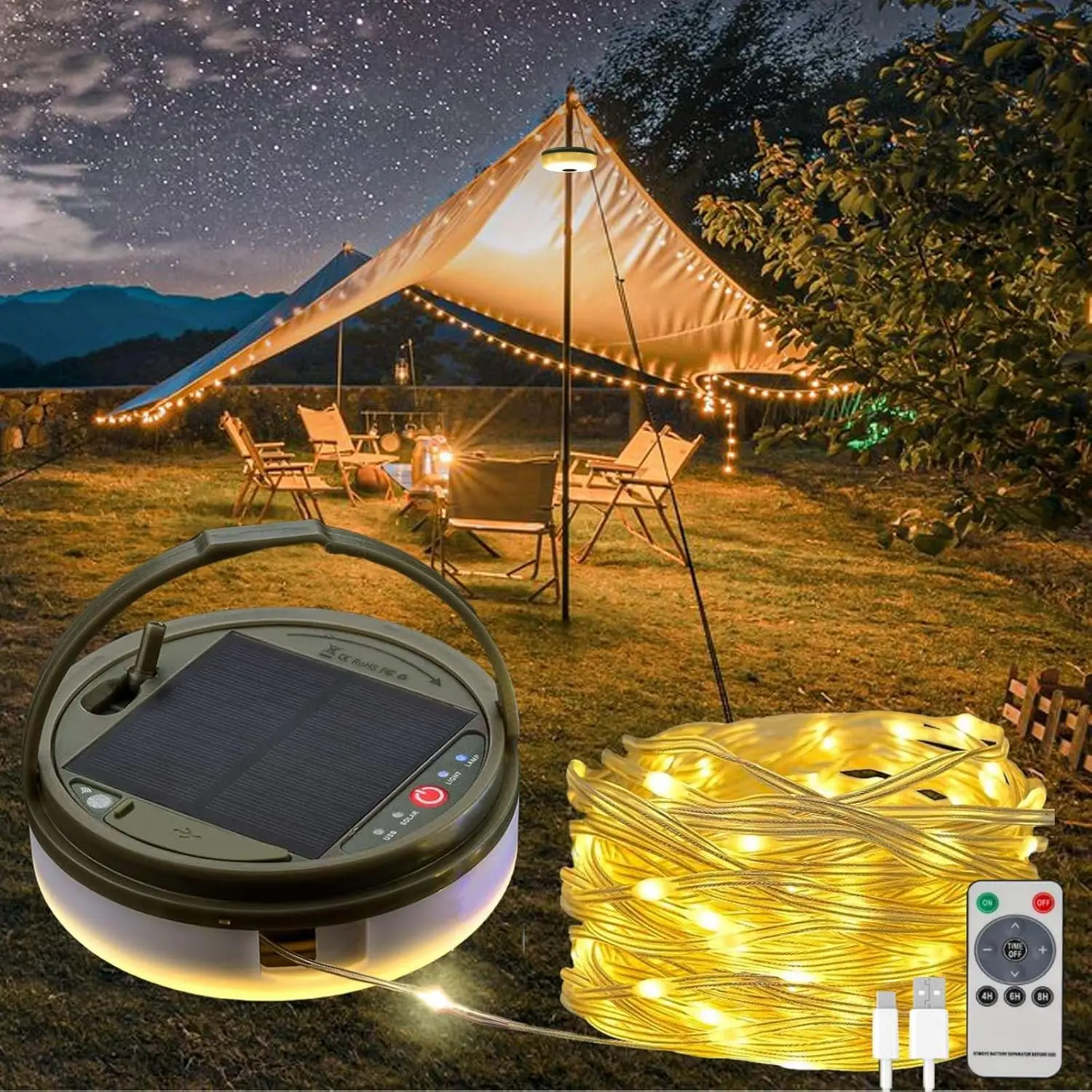 Solar Camping String Lights, 39.4 FT, 4-in-1 Rechargeable Waterproof Tent Lantern with 8 Modes for Patio, Christmas, Party
Solar Camping String Lights, 39.4 FT, 4-in-1 Rechargeable Waterproof Tent Lantern with 8 Modes for Patio, Christmas, Party