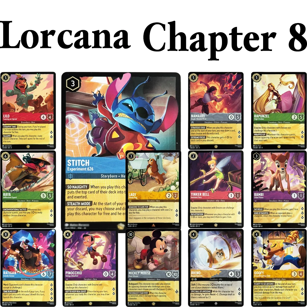Regular Chapter 8 set Lorcana Cards Proxy Card Game Rapunzel/Lilo/Tinker Bell/Lady/Stitch/Goofy Reign of Jafar Collectible Cards
Regular Chapter 8 set Lorcana Cards Proxy Card Game Rapunzel/Lilo/Tinker Bell/Lady/Stitch/Goofy Reign of Jafar Collectible Cards