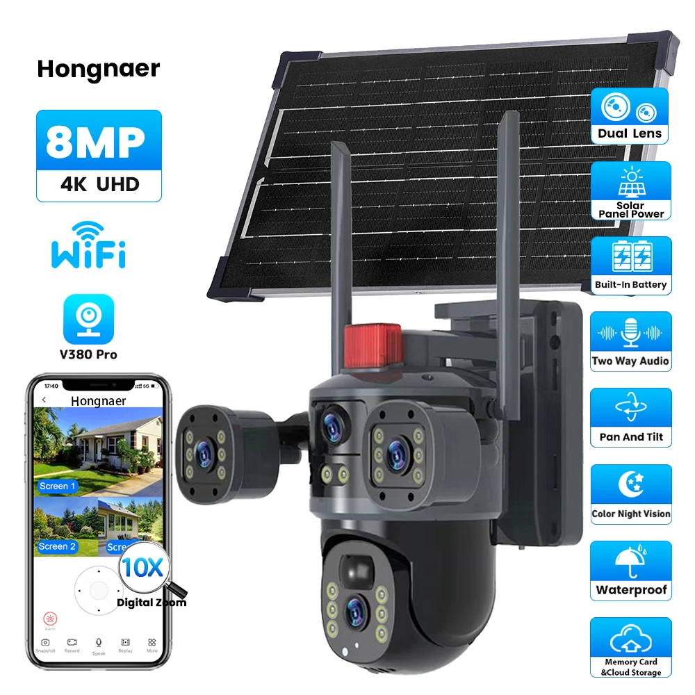 Hongnaer 8MP 4K Dual Lens Night Vision Wireless WiFi/4G Solar Powered IP PTZ V380 Pro Solar Security CCTV Camera
Hongnaer 8MP 4K Dual Lens Night Vision Wireless WiFi/4G Solar Powered IP PTZ V380 Pro Solar Security CCTV Camera