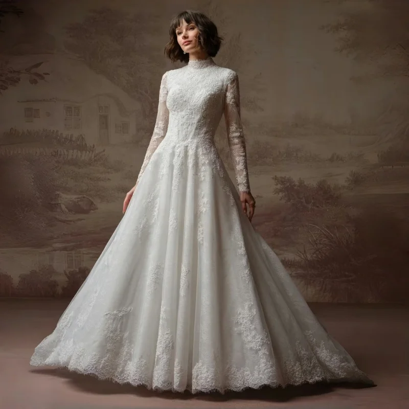 Classic High Collar Lace Appliques Wedding Dress Sweep Train Long Sleeves A-Line Church Vintage Bridal Gowns Customized
Classic High Collar Lace Appliques Wedding Dress Sweep Train Long Sleeves A-Line Church Vintage Bridal Gowns Customized