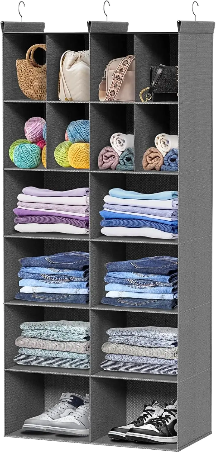 6-Tier Hanging Closet Organizer with 16 Compartments and 3 Sturdy Hooks for Wardrobe, RV, Garment Rack in Grey
6-Tier Hanging Closet Organizer with 16 Compartments and 3 Sturdy Hooks for Wardrobe, RV, Garment Rack in Grey