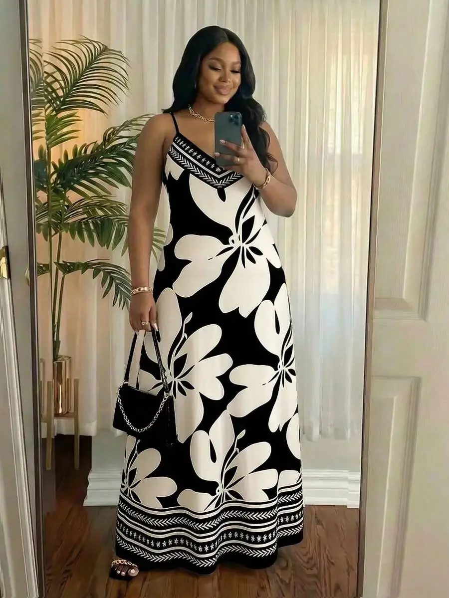 Womens Black And White Floral Print Spaghetti Strap Maxi Dress Casual Summer Beach Dress
Womens Black And White Floral Print Spaghetti Strap Maxi Dress Casual Summer Beach Dress