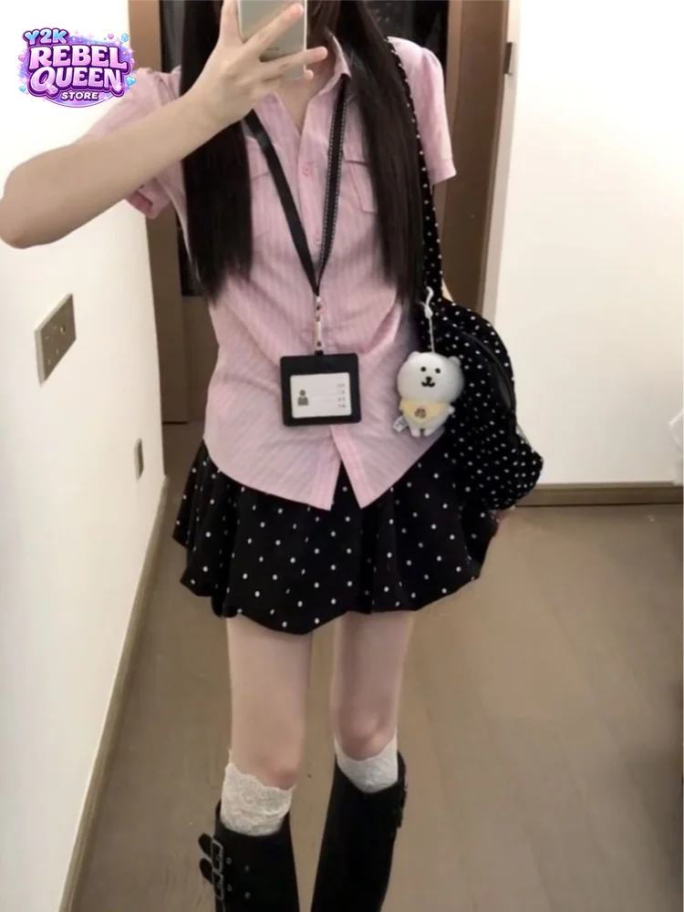 Korean Sweet Short Sleeve High Waist 2 Piece Sets Women Pink Shirt Polka Dot Puff Skirt Suits Gentle Preppy School Daily Commute
Korean Sweet Short Sleeve High Waist 2 Piece Sets Women Pink Shirt Polka Dot Puff Skirt Suits Gentle Preppy School Daily Commute