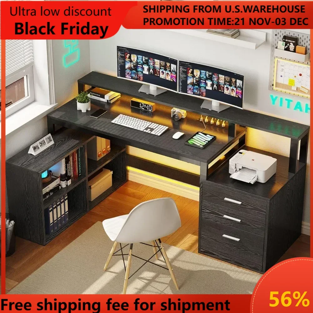 L Shaped Desk with 3 Drawers, 65" Corner Computer Desk with Power Outlets & LED Lights, L-Shaped Desk with File Cabinet& Printer
L Shaped Desk with 3 Drawers, 65" Corner Computer Desk with Power Outlets & LED Lights, L-Shaped Desk with File Cabinet& Printer
