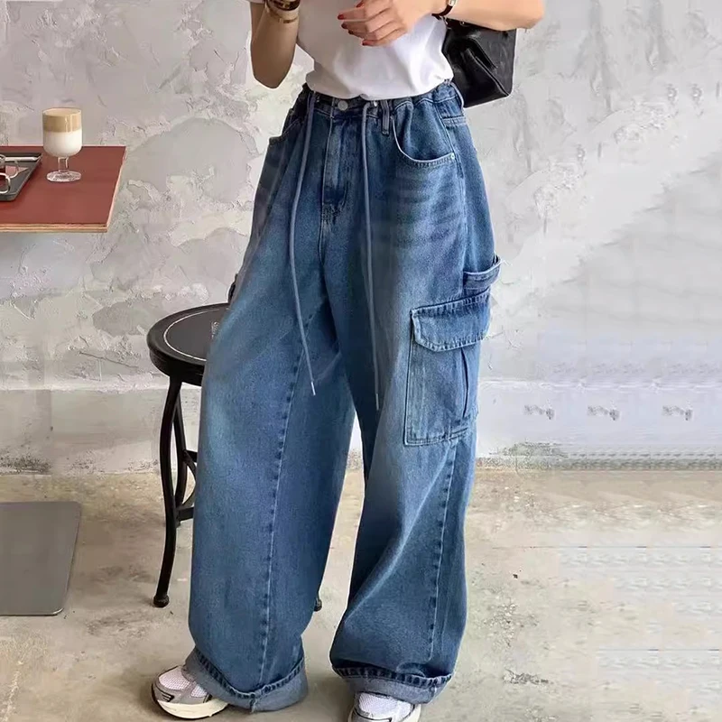 Retro High Waist Workwear Pants Women's Wide Leg Jeans with Multiple Pockets Belted Autumn Winter Fashion Chic
Retro High Waist Workwear Pants Women's Wide Leg Jeans with Multiple Pockets Belted Autumn Winter Fashion Chic