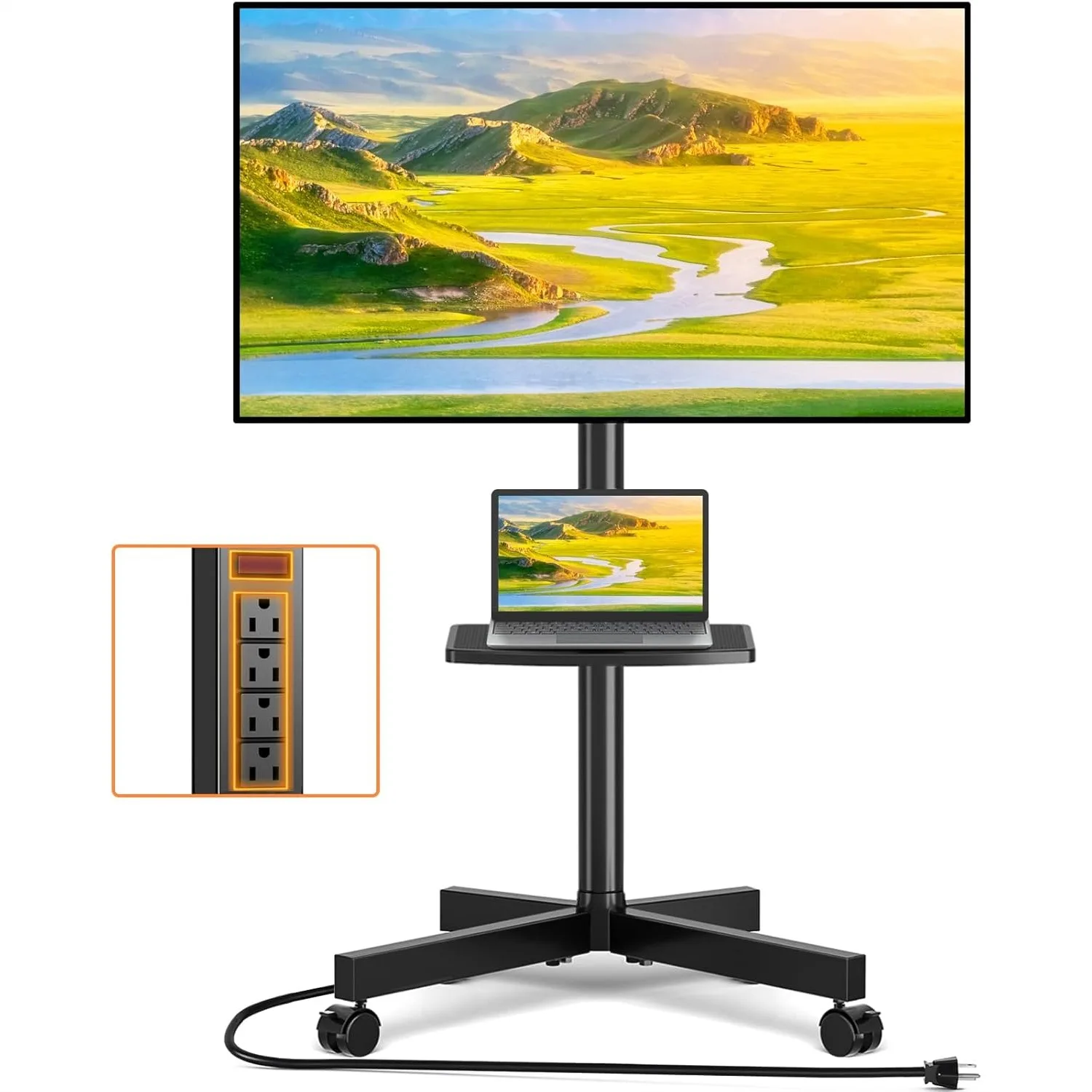 Mobile TV Stand with Power Outlet, Tilt Rolling TV Cart for 23-65 Inch TVs up to 88 lbs, Height Adjustable Portable Stand on
Mobile TV Stand with Power Outlet, Tilt Rolling TV Cart for 23-65 Inch TVs up to 88 lbs, Height Adjustable Portable Stand on