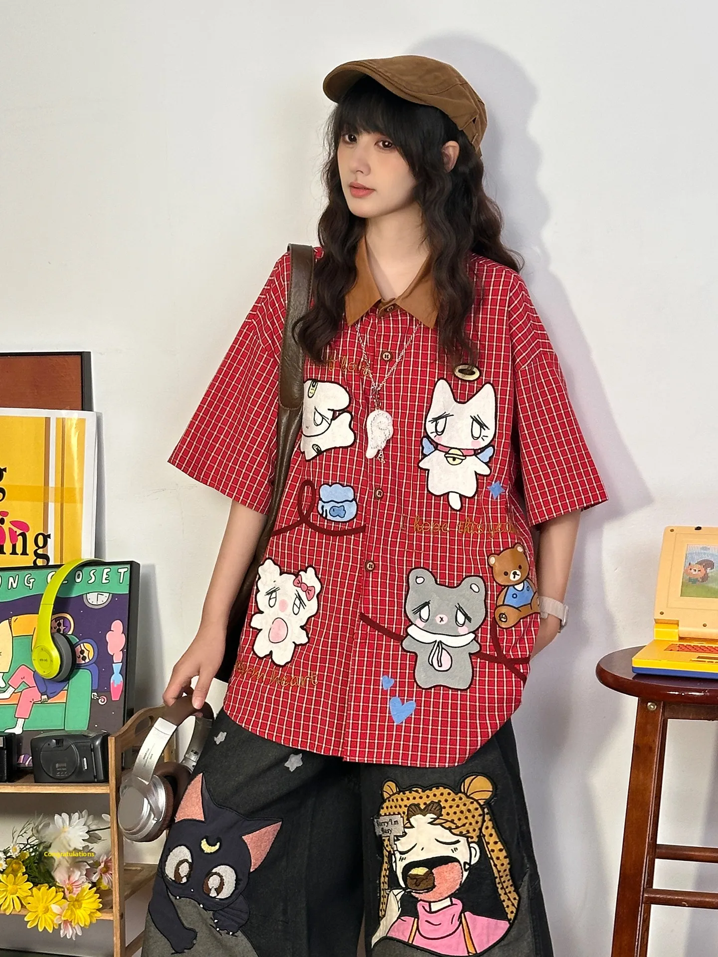 Original Japanese Retro Cartoon Embroidery Plaid Short Sleeve Loose Casual Shirt Women Summer Breathable Cotton Top
Original Japanese Retro Cartoon Embroidery Plaid Short Sleeve Loose Casual Shirt Women Summer Breathable Cotton Top