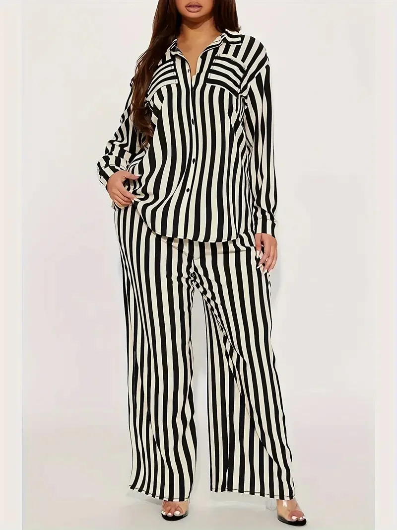 Casual Women's Two-Piece Striped Fall Long-Sleeved Lapel Shirt And Wide-Leg Pant Suit Comfortable Ladies 2-Piece Set
Casual Women's Two-Piece Striped Fall Long-Sleeved Lapel Shirt And Wide-Leg Pant Suit Comfortable Ladies 2-Piece Set