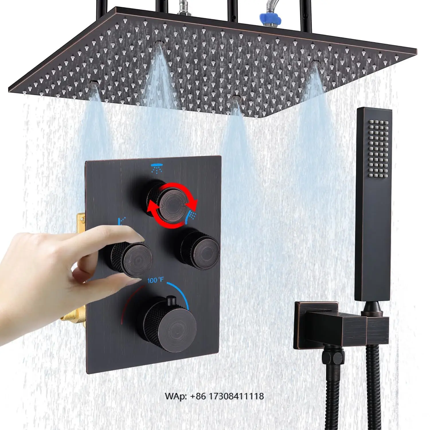 Душевая система из бронзированной латуни с термостатическим смесителем, верхний душ с эффектом дождя и ручной распылитель для душа.
Душевая система из бронзированной латуни с термостатическим смесителем, верхний душ с эффектом дождя и ручной распылитель для душа.