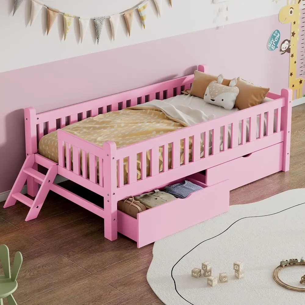 Twin Size Low Platform Bed with Drawers, Wood Floor Bed with Stairs and Ladder, Suitable for Kids' Girls and Boys Bedroom, No Bo
Twin Size Low Platform Bed with Drawers, Wood Floor Bed with Stairs and Ladder, Suitable for Kids' Girls and Boys Bedroom, No Bo