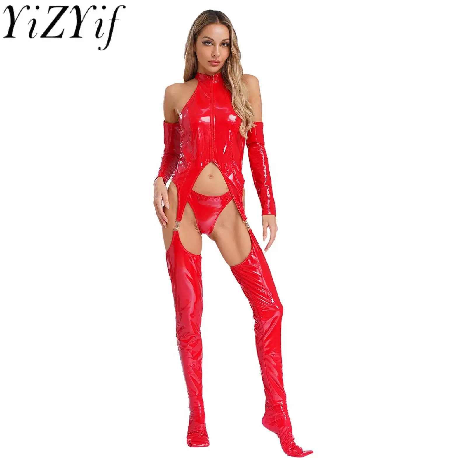 Women Lingerie Patent Leather Bodysuit No Bottom Wet Look Catsuit with Briefs And Arm Sleeves Set for Couple's Flirting Costume
Women Lingerie Patent Leather Bodysuit No Bottom Wet Look Catsuit with Briefs And Arm Sleeves Set for Couple's Flirting Costume