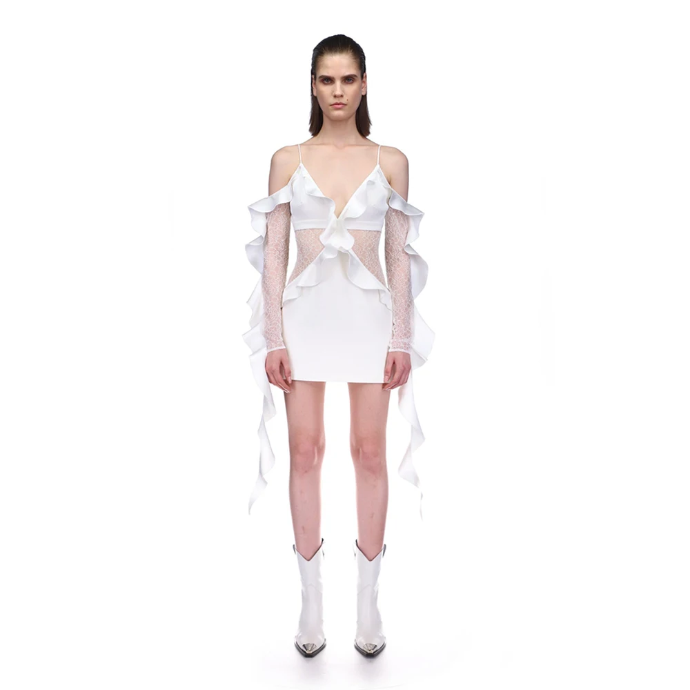 Spring and Summer New Women's Fashion Sexy Sleeveless Perspective V-Neck Halter Lace Mini Dress Luxury Evening Dress
Spring and Summer New Women's Fashion Sexy Sleeveless Perspective V-Neck Halter Lace Mini Dress Luxury Evening Dress