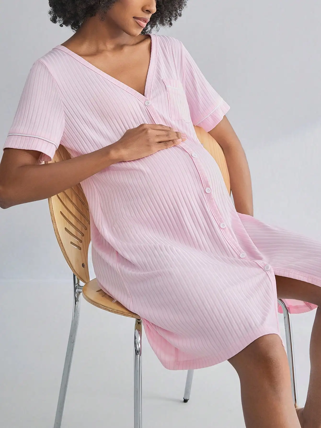 Pink Ribbed Maternity Nightdress with Front Buttons and Pocket
Pink Ribbed Maternity Nightdress with Front Buttons and Pocket
