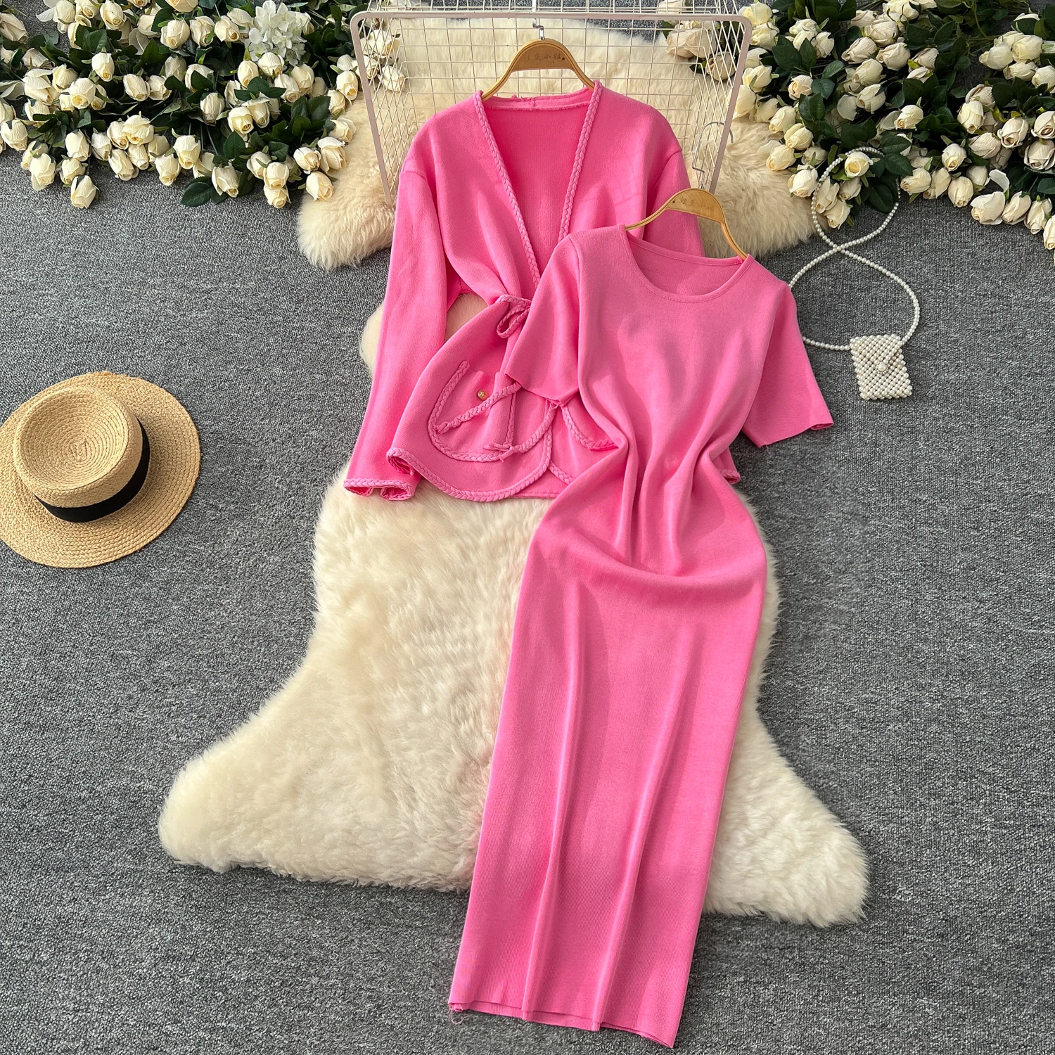 Women Elegant Knitted Dress Sets Slim Waist Knit Cardigan Advanced Sense Slim Short Sleeves Dresses Outfits Suits
Women Elegant Knitted Dress Sets Slim Waist Knit Cardigan Advanced Sense Slim Short Sleeves Dresses Outfits Suits