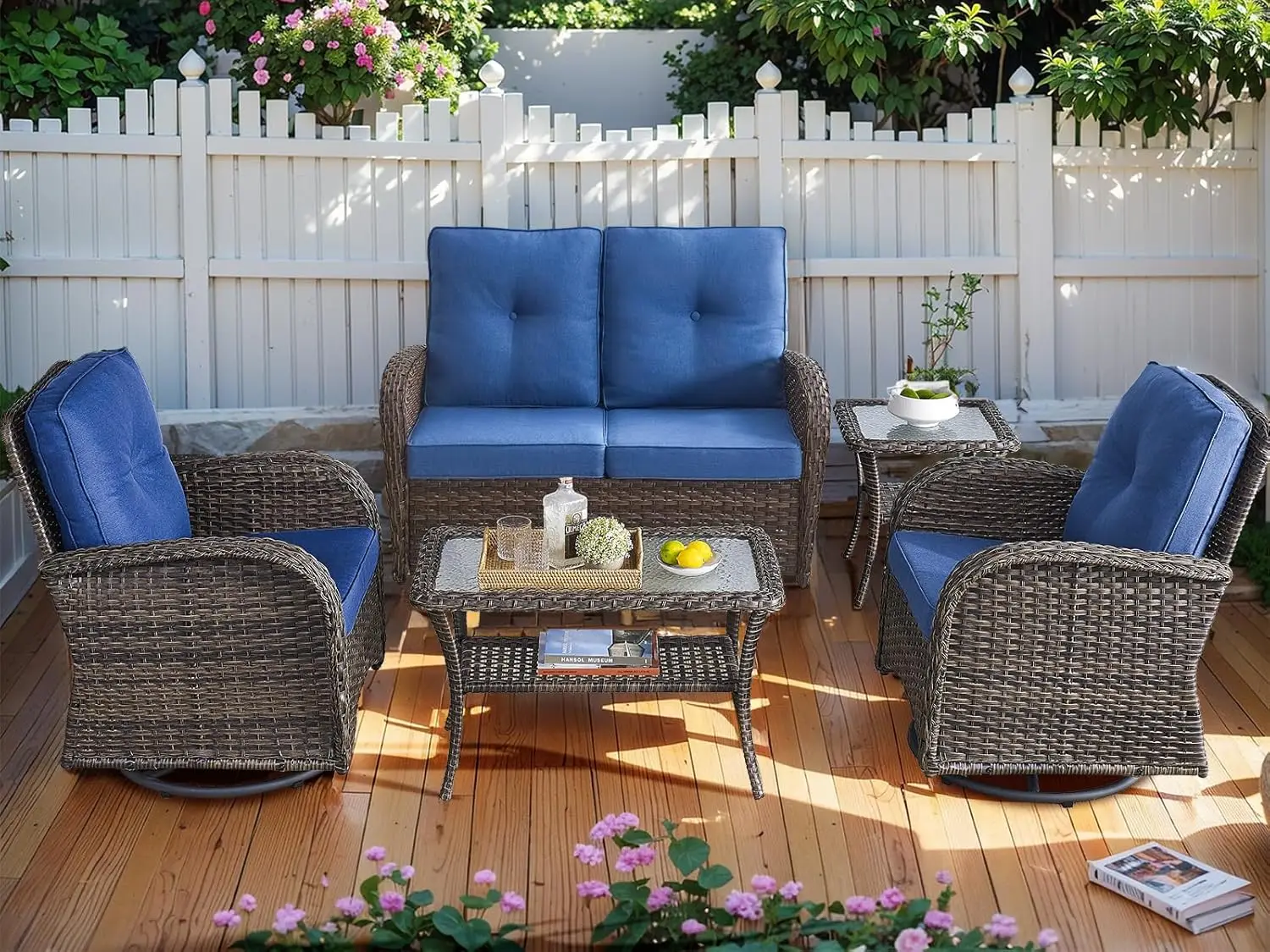5-Piece PE Wicker Outdoor Conversation Set All-Weather Swivel Glider Chairs for Patio Poolside Deck, Customized
5-Piece PE Wicker Outdoor Conversation Set All-Weather Swivel Glider Chairs for Patio Poolside Deck, Customized