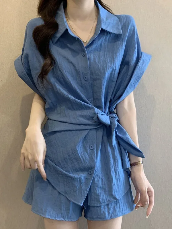 Fashionable Belted Short Sleeve Shirt Women's Summer 2025 New Design Versatile Shorts Two-Piece Set Polyester Fiber Collar
Fashionable Belted Short Sleeve Shirt Women's Summer 2025 New Design Versatile Shorts Two-Piece Set Polyester Fiber Collar