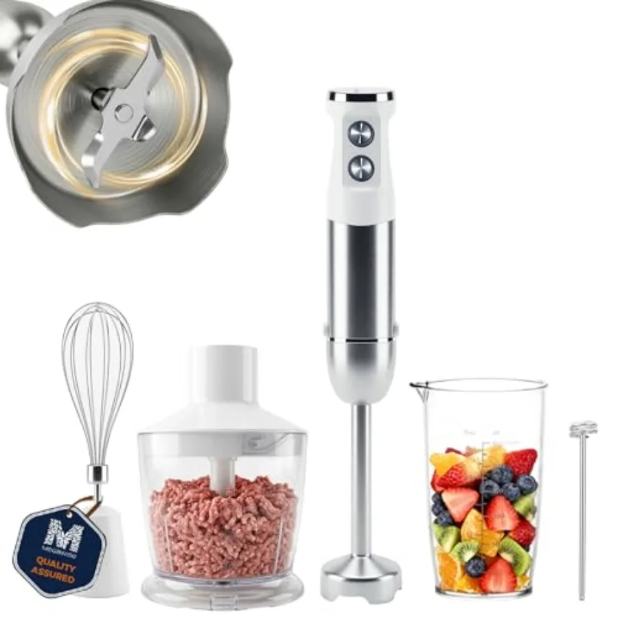 Kitchen immersion hand blender for blending whisking frothing chopping and mixing; stainless steel blades; white; 1000W power w
Kitchen immersion hand blender for blending whisking frothing chopping and mixing; stainless steel blades; white; 1000W power w