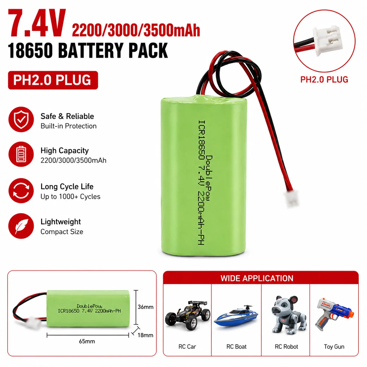 7.4V Lithium Battery Pack 2200mAh 3000mAh 3500mAh Replacement Battery with PH2.0 Plug for Speaker RC Car Garden lights
7.4V Lithium Battery Pack 2200mAh 3000mAh 3500mAh Replacement Battery with PH2.0 Plug for Speaker RC Car Garden lights