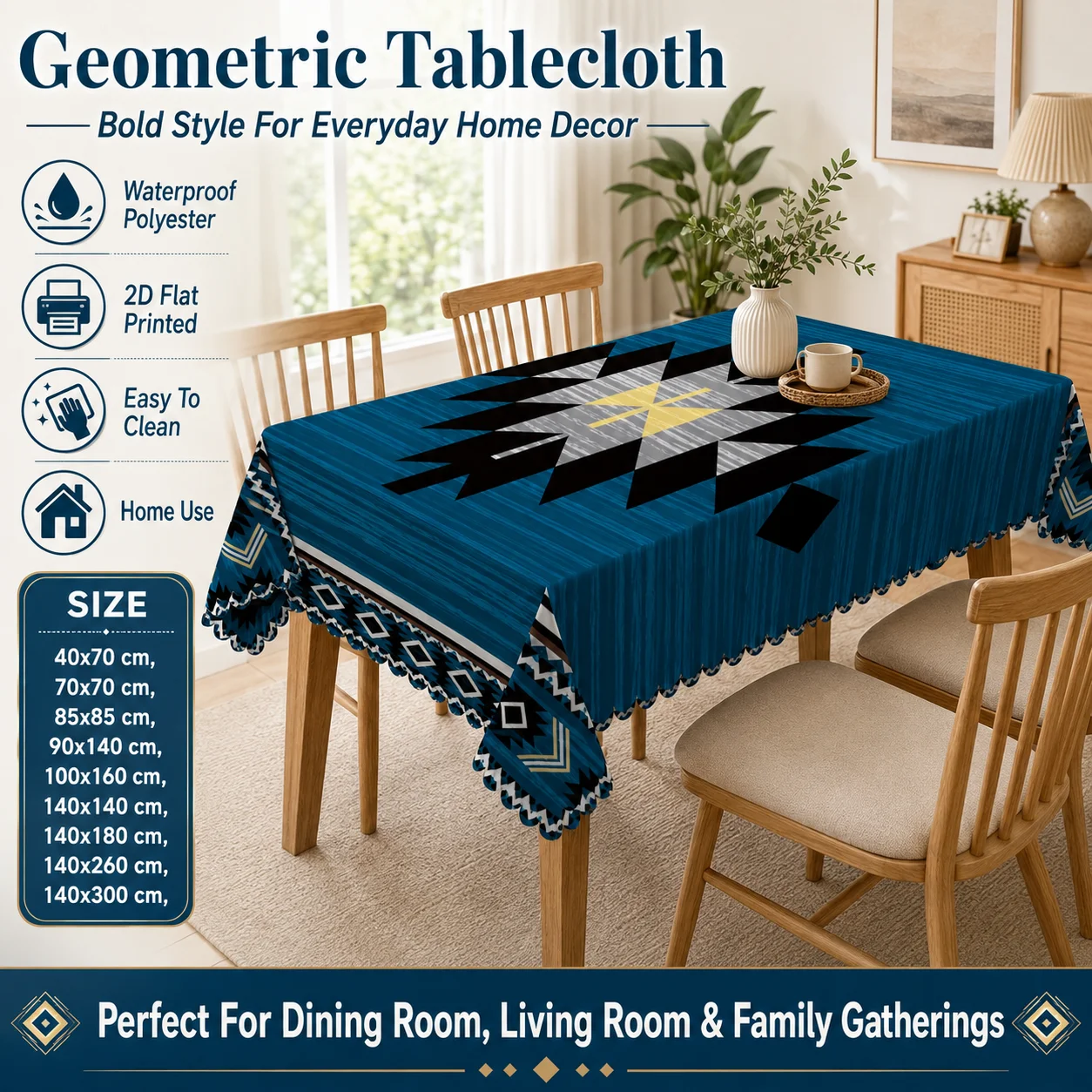 Blue Geometric Table Cover Waterproof Polyester 2D Flat Printed Aztec Tablecloth For Everyday Home Decor Kitchen Dining