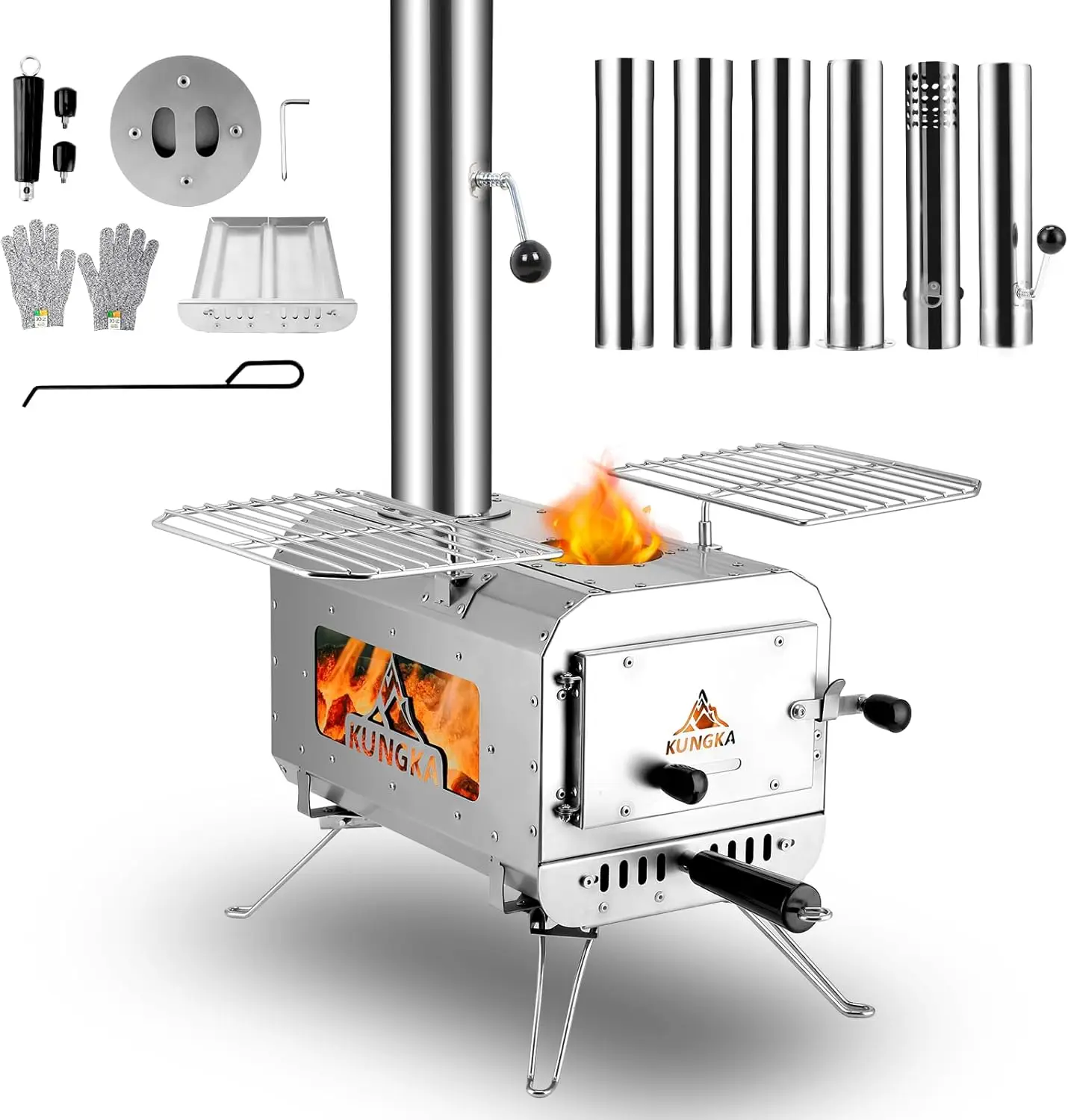 Tent Stove, 7.3ft height Portable Wood Burning Stove, Small Stainless Steel Hot Tent Stove with 6 Chimney Pipes for Outdoor Heat
Tent Stove, 7.3ft height Portable Wood Burning Stove, Small Stainless Steel Hot Tent Stove with 6 Chimney Pipes for Outdoor Heat