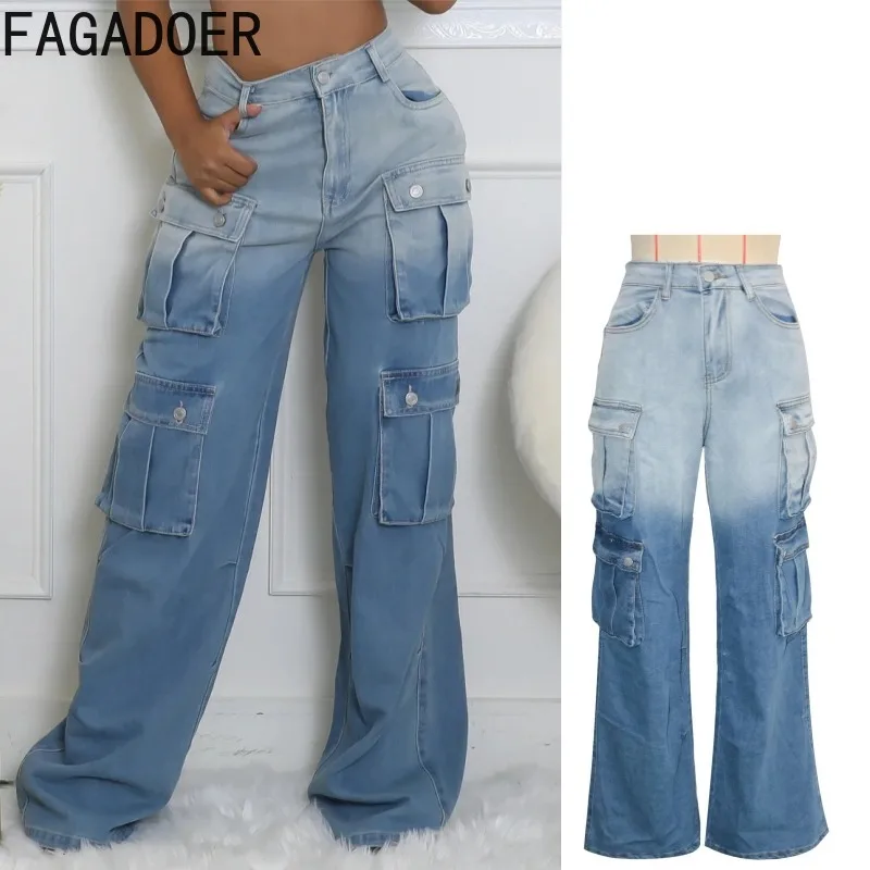 FAGADOER Fashion Gradient Denim Wide Leg Pants Women Summer New Cargo Pocket Patchwork Pants Female Streetwear Bottoms 2025
FAGADOER Fashion Gradient Denim Wide Leg Pants Women Summer New Cargo Pocket Patchwork Pants Female Streetwear Bottoms 2025