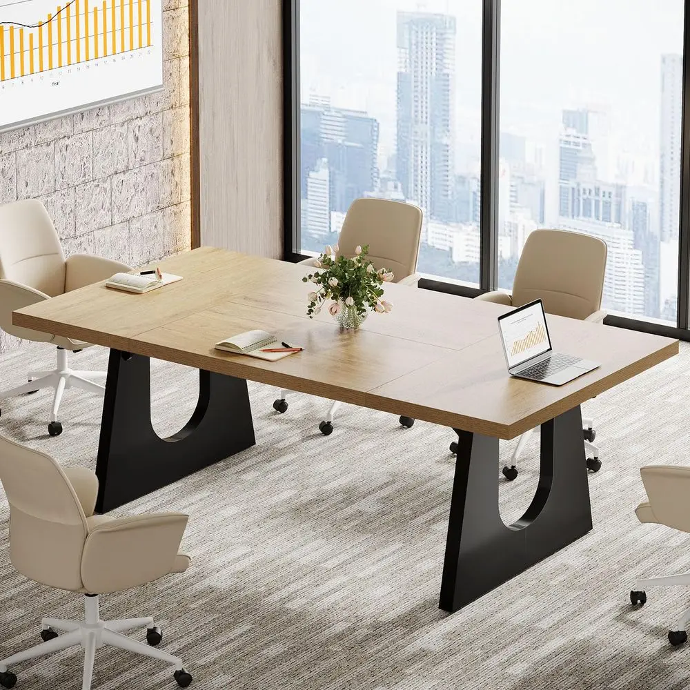 Large Conference Table, 70.9 Inches Rectangular Office Desk, Rustic Wood Conference Meeting Room Table for 68 People, Business