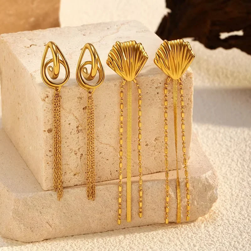 Fashion Geometric Shell Shaped Stud Earrings Glossy Stainless Steel Chains Tassel Earrings For Women Daily Wear Party Gifts
Fashion Geometric Shell Shaped Stud Earrings Glossy Stainless Steel Chains Tassel Earrings For Women Daily Wear Party Gifts