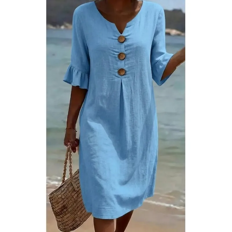 Casual Button Decoration Women's Loose Dress Summer Fashion Short Sleeved V-neck Dresses Ladies Foreign Style A-line Vestidos
Casual Button Decoration Women's Loose Dress Summer Fashion Short Sleeved V-neck Dresses Ladies Foreign Style A-line Vestidos