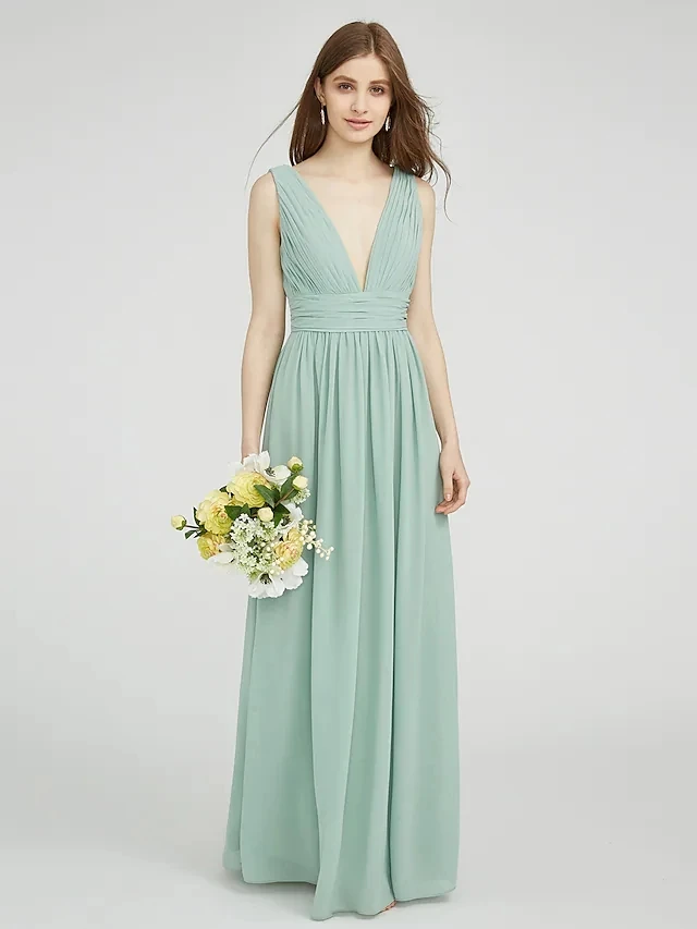 A-Line Bridesmaid Dress V Neck Sleeveless Elegant Chiffon Evening Dress with Ruched Floor Length
A-Line Bridesmaid Dress V Neck Sleeveless Elegant Chiffon Evening Dress with Ruched Floor Length