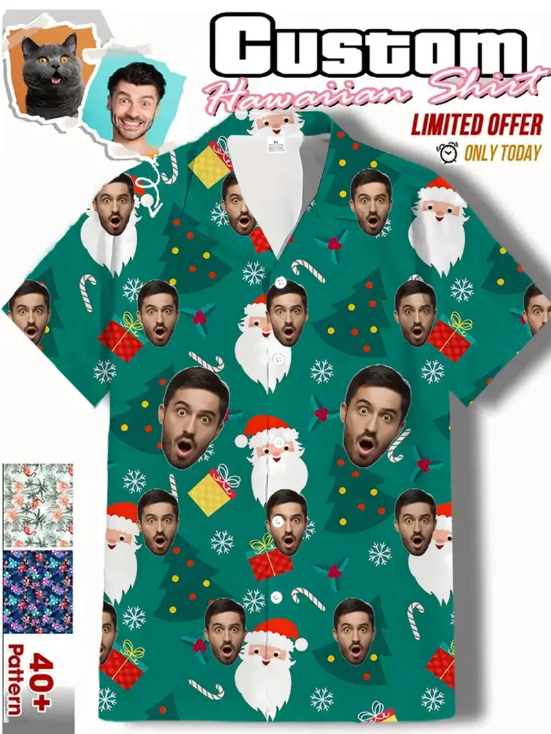 Personality Custom Face Photo Beach Shirts For Men Women Casual Short Sleeve Button Christmas Santa Claus Graphic Hawaiian Shirt
Personality Custom Face Photo Beach Shirts For Men Women Casual Short Sleeve Button Christmas Santa Claus Graphic Hawaiian Shirt