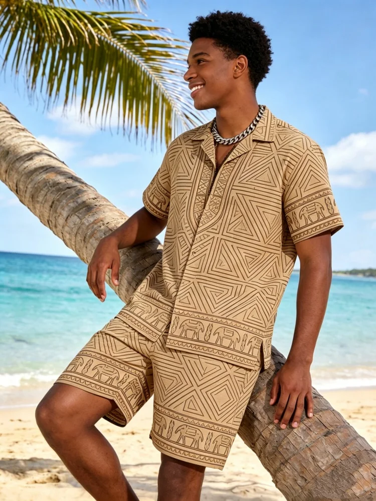 Men's Short Sleeve Lapel Shirt & Shorts Set, Loose Comfort Tribal Print Casual Summer Outfit
Men's Short Sleeve Lapel Shirt & Shorts Set, Loose Comfort Tribal Print Casual Summer Outfit