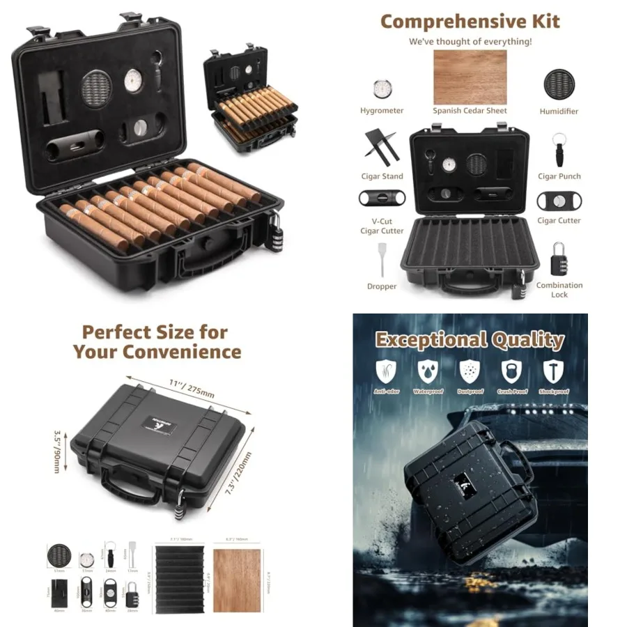 Cigar Humidor Case Lockable, Waterproof, Crushproof, Airtight Holds 20 Cigars Durable, Portable Travel Cigar Humidor Kit for Af
Cigar Humidor Case Lockable, Waterproof, Crushproof, Airtight Holds 20 Cigars Durable, Portable Travel Cigar Humidor Kit for Af