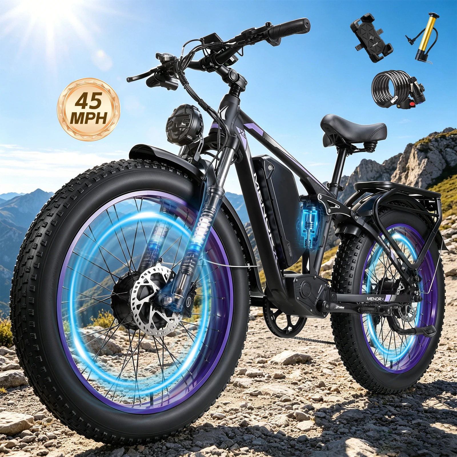 MENORX Finder26 Dual Motor Electric Bike 7000W Peak, 60V 25Ah Removable Battery, 26x4.0 Fat Tire Full Suspension E-Bike up to 50
MENORX Finder26 Dual Motor Electric Bike 7000W Peak, 60V 25Ah Removable Battery, 26x4.0 Fat Tire Full Suspension E-Bike up to 50