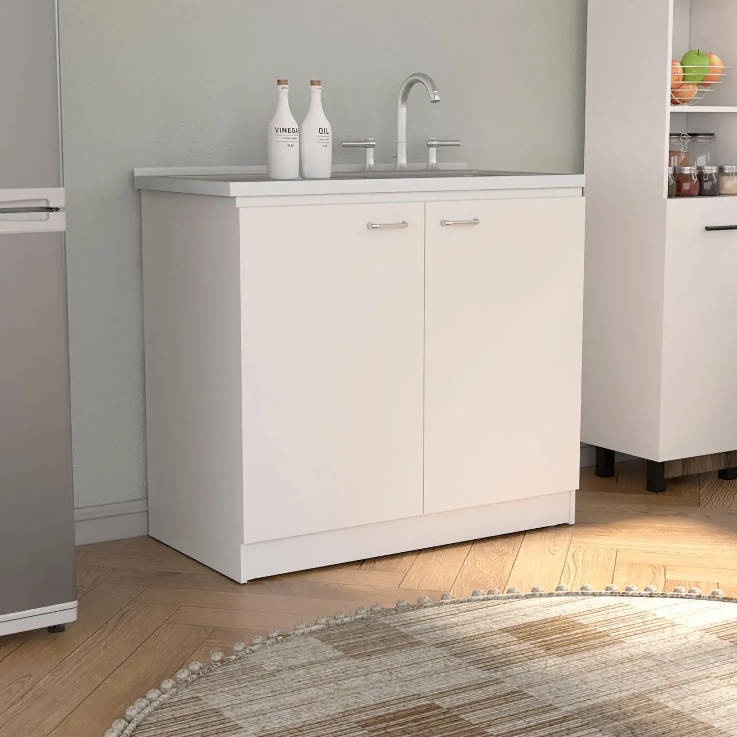 Napoles Utility Sink with Cabinet, Double Door, One Shelf White
Napoles Utility Sink with Cabinet, Double Door, One Shelf White