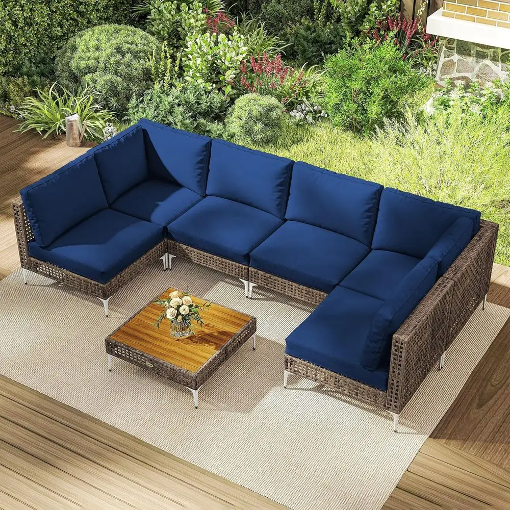 7-Piece Wicker Patio Sectional Set with Cushions, Outdoor Rattan Furniture with Acacia Wood Table, Brown/Navy Blue
7-Piece Wicker Patio Sectional Set with Cushions, Outdoor Rattan Furniture with Acacia Wood Table, Brown/Navy Blue