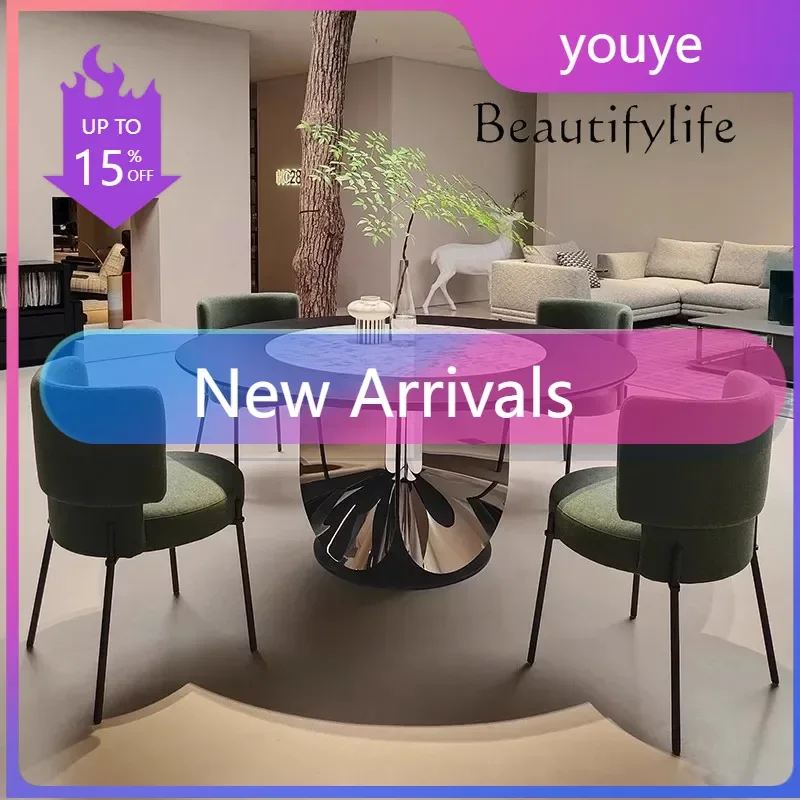 Обеденный стол N36: минималистичный, из массива дерева с мраморной инкрустацией, круглый, с зеркальной поверхностью из нержавеющей стали, в стиле лайт-люкс, высококачественный.
Обеденный стол N36: минималистичный, из массива дерева с мраморной инкрустацией, круглый, с зеркальной поверхностью из нержавеющей стали, в стиле лайт-люкс, высококачественный.