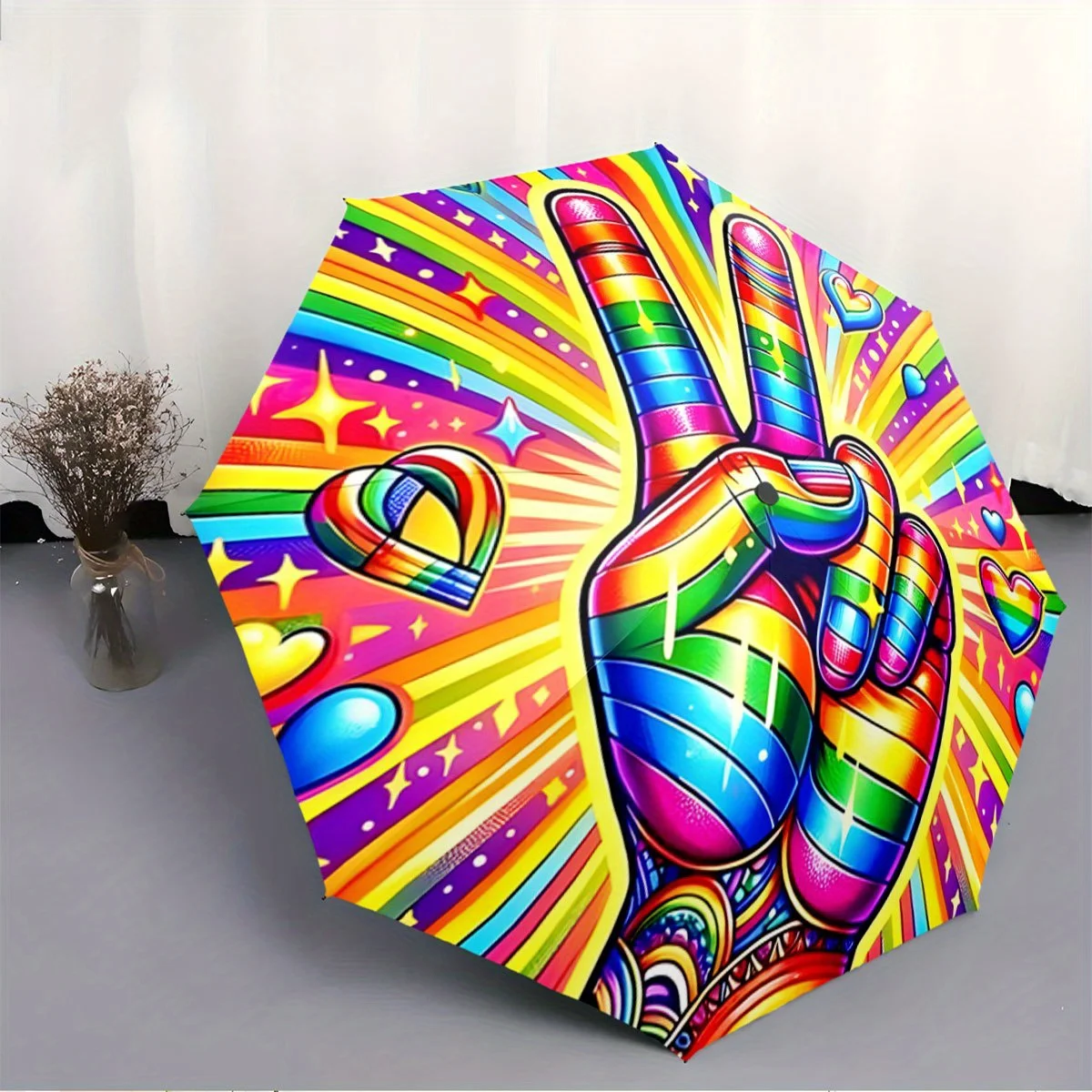 Open/Close Folding Umbrella with Rainbow Peace Sign, Hearts & Stars - Portable Umbrella Suitable for All Holiday Gifts, Casual
Open/Close Folding Umbrella with Rainbow Peace Sign, Hearts & Stars - Portable Umbrella Suitable for All Holiday Gifts, Casual