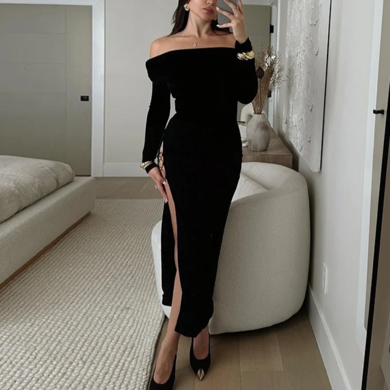Fall Sexy Off Shoulder Hight Split Black Long Dress Elegant Long Sleeve Side Split Metal Ring Autumn Winter Party Dresses 2024
Fall Sexy Off Shoulder Hight Split Black Long Dress Elegant Long Sleeve Side Split Metal Ring Autumn Winter Party Dresses 2024