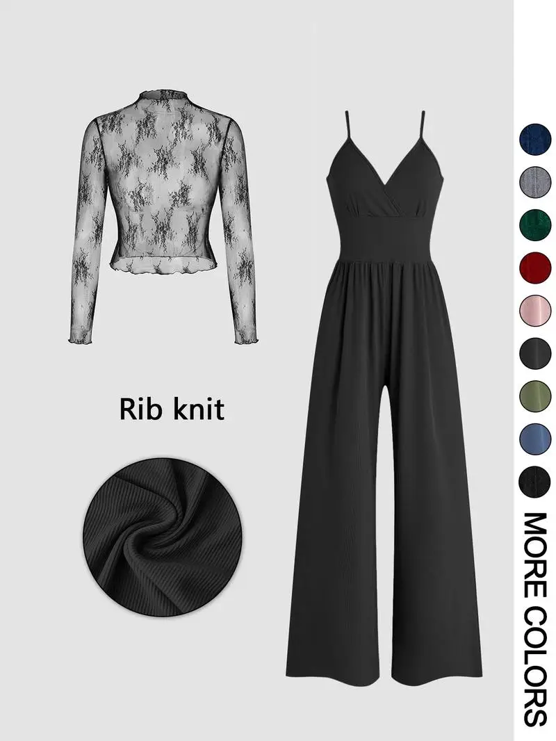 Women's Solid Color Lace Tee & Pocket Jumpsuit Two-piece Set, Elegant Fashion Casual Zipper Back Cami Jumpsuit & Long Sleeve Top
Women's Solid Color Lace Tee & Pocket Jumpsuit Two-piece Set, Elegant Fashion Casual Zipper Back Cami Jumpsuit & Long Sleeve Top