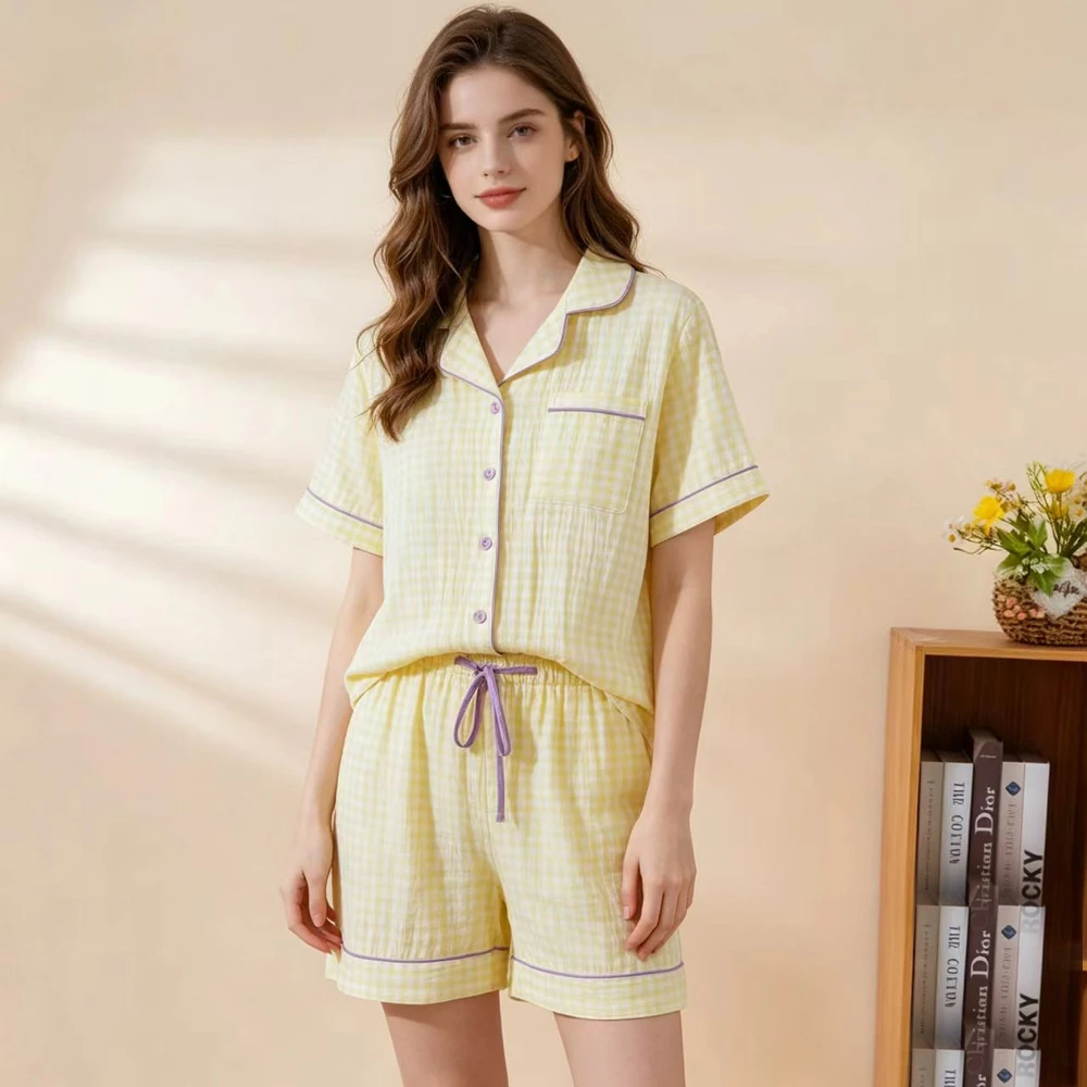 Women's 100% Cotton Plaid Pajama Set Summer New Short Sleeve Top & Shorts Pyjamas Simple Lapel Homewear Loose Fit Loungewear
Women's 100% Cotton Plaid Pajama Set Summer New Short Sleeve Top & Shorts Pyjamas Simple Lapel Homewear Loose Fit Loungewear