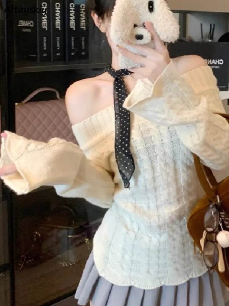 Pullovers Women Slash Neck Off Shoulder Slimming Korean Style Knitted Sweaters Autumn Winter Tops Temperament Concise Hotsweet
Pullovers Women Slash Neck Off Shoulder Slimming Korean Style Knitted Sweaters Autumn Winter Tops Temperament Concise Hotsweet