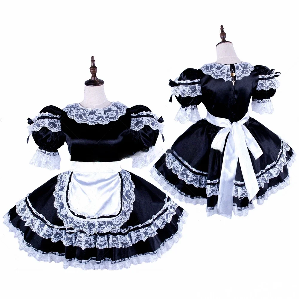 French maid black and white satin short sleeved lockable chiffon ruffle edge dress maid cosplay costume customizable 
French maid black and white satin short sleeved lockable chiffon ruffle edge dress maid cosplay costume customizable