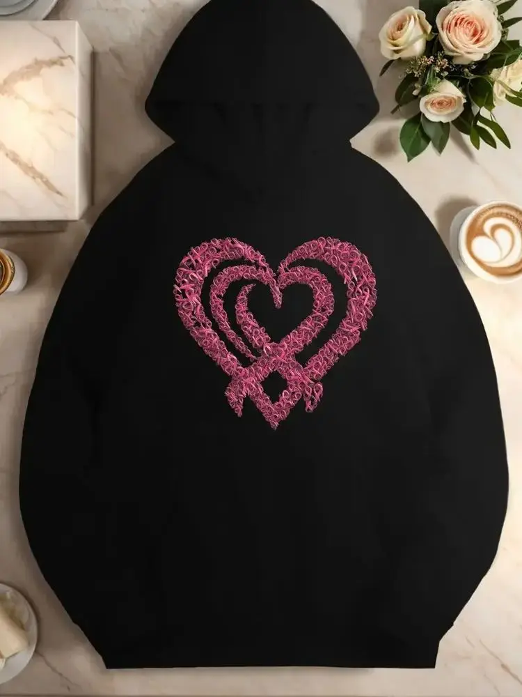 Женская толстовка больших размеров с капюшоном, пуловер с розовой лентой в форме сердца, осенне-зимняя одежда, повседневная одежда, топ с длинными рукавами 
Женская толстовка больших размеров с капюшоном, пуловер с розовой лентой в форме сердца, осенне-зимняя одежда, повседневная одежда, топ с длинными рукавами
