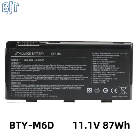 11.1V 87Wh 7800mAh 9Cell New BTY-M6D Laptop Battery For MSI GT70 GT780 GT60 GT70 GX660R E6603 GX660 GX680 957-16FXXP-101
