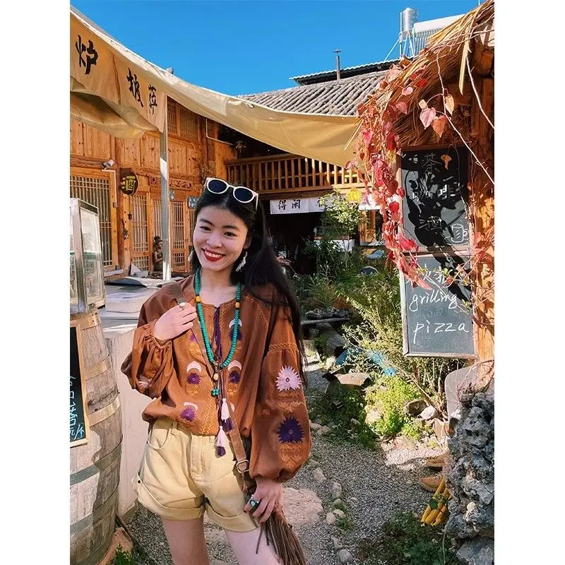 Boho Embroidered Women's Ethnic Blouse Lantern Sleeve Vacation Top with Lace-Up & Fringe Details Spring Summer Oversized Shirt
Boho Embroidered Women's Ethnic Blouse Lantern Sleeve Vacation Top with Lace-Up & Fringe Details Spring Summer Oversized Shirt