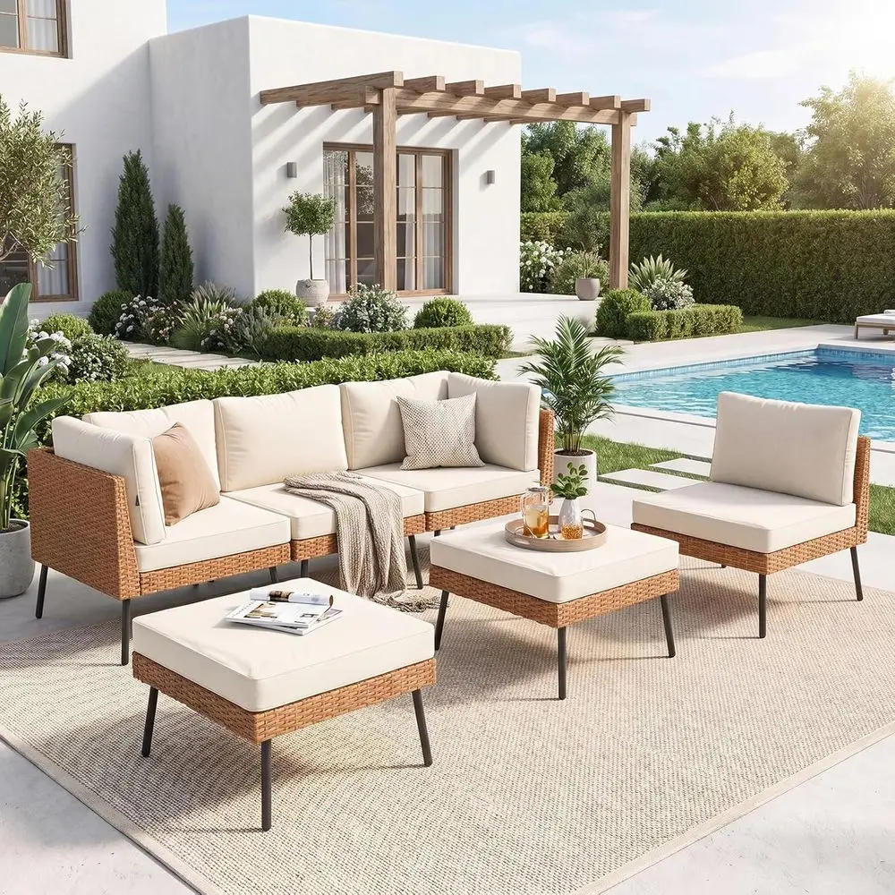 6-Piece Outdoor Wicker Furniture Set with Waterproof Cushions, Sectional Sofa for Patio or Poolside, Beige
6-Piece Outdoor Wicker Furniture Set with Waterproof Cushions, Sectional Sofa for Patio or Poolside, Beige
