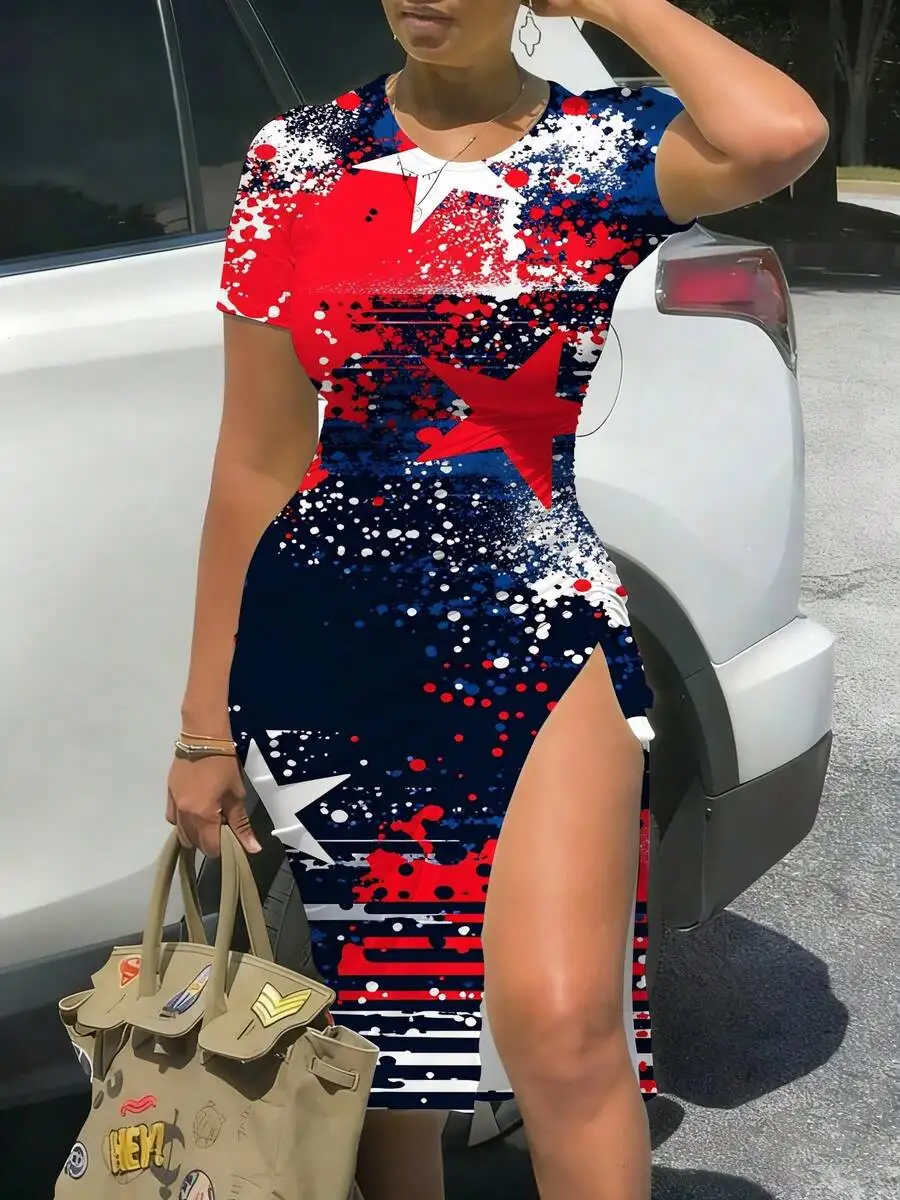 Patriotic Stars And Stripes Print Short Sleeve Bodycon Midi Dress With Slit
Patriotic Stars And Stripes Print Short Sleeve Bodycon Midi Dress With Slit