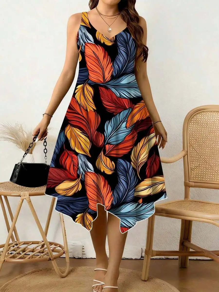 Women V Neck Asymmetric Hem Dress Colorful Leaf Print Summer Casual Beach Vacation Holiday Outfit
Women V Neck Asymmetric Hem Dress Colorful Leaf Print Summer Casual Beach Vacation Holiday Outfit